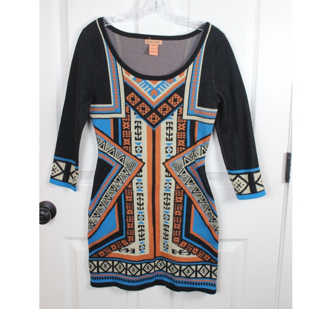 Flying Tomato Geometric Southwestern Knit Bodycon Mini‎ Dress Black Medium